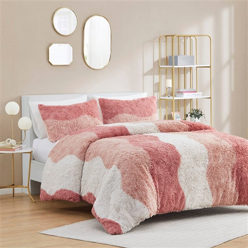 Full/Queen Pink Blush White Reversible Soft Sherpa Faux Fur 3-PC Comforter Set