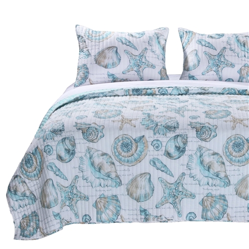 Full / Queen Size Coastal Seashells 3 Piece Polyester Reversible Quilt Set