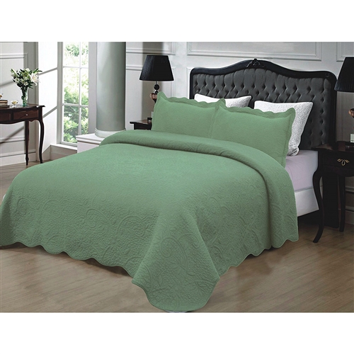 Full / Queen 3-piece Quilted Cotton Bedspread with Shams in Sage Green