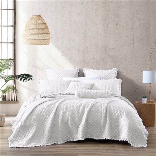 Full/Queen, White FarmHouse Reversible Ruffle Microfiber Quilt Set