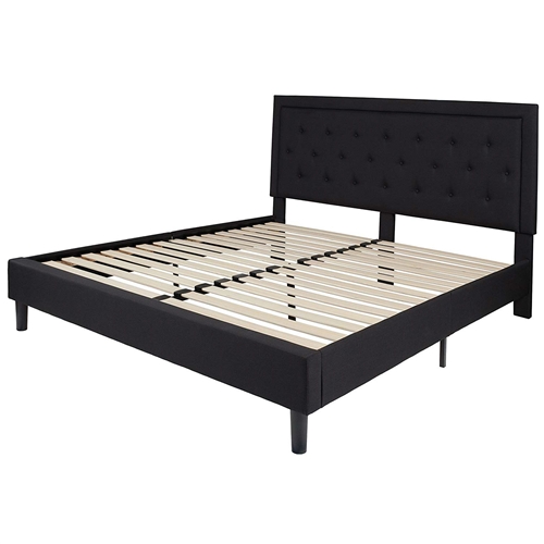 King Black Fabric Upholstered Platform Bed Frame with Button Tufted Headboard