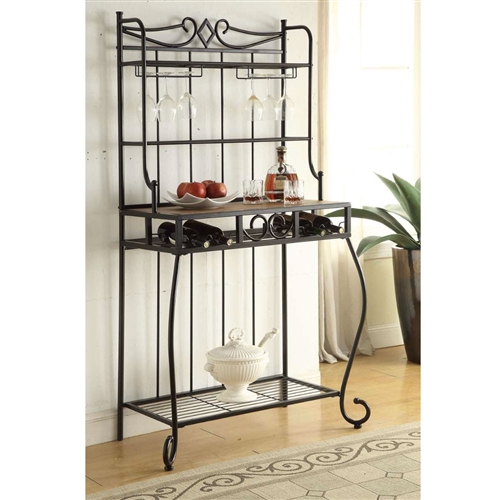 Black Metal Kitchen Bakers Rack with Wine Glass Holders and Bottle Storage
