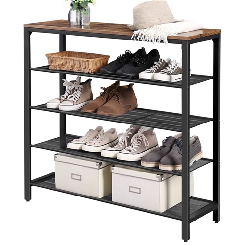 Modern Industrial Style 5-Tier Black Metal Shoe Rack with Brown Wood Top