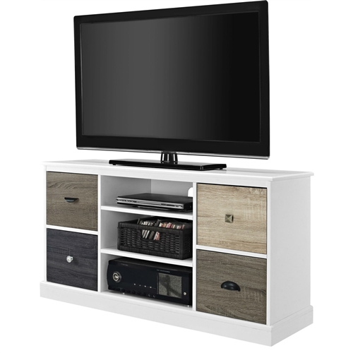 White Wood Finish TV Stand with Multi Wood Grain Finish Drawer Door Fronts