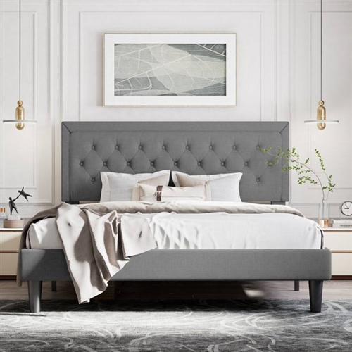Full Size Grey Tufted Upholstered Platform Bed Adjustable Headboard Height