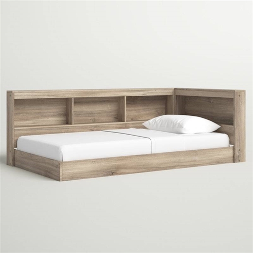 Full Size Natural Corner Bookcase Headboard Storage Platform Floor Bed USB Ports