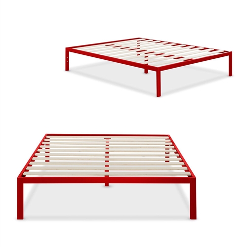 Full size 14-inch High Platform Bed with Red Metal Frame and Wooden Slats