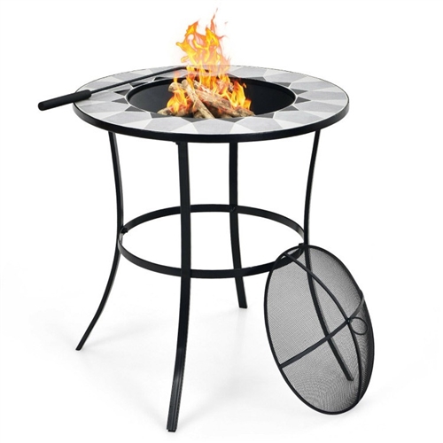 Portable Round Fire Pit Table with Mesh Cover and Fire Poker