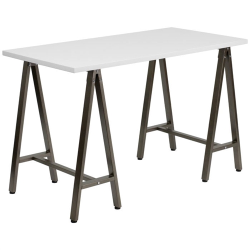 Modern White Top Writing Table Computer Desk with Brown Metal Legs