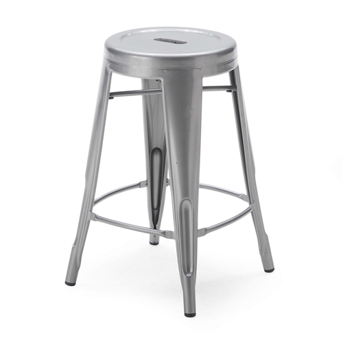Set of 2 Steel Metal 24-inch Counter Height Bar Stools in Powder Coat Silver Finish