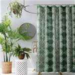72 x 72 inch Cotton Poly Shower Curtain with Green White Geometric Motif Pattern