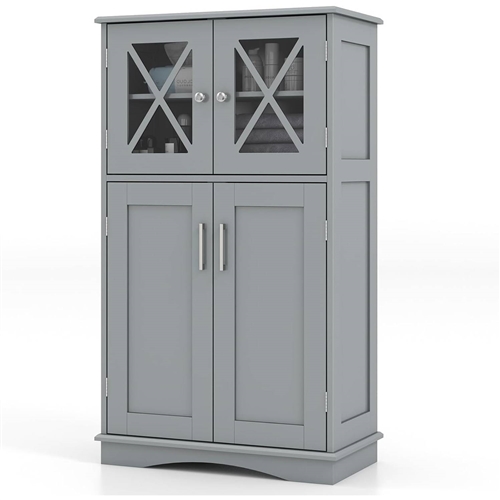 Grey Bathroom Towel Linen Cabinet with Glass Doors and Storage Shelves