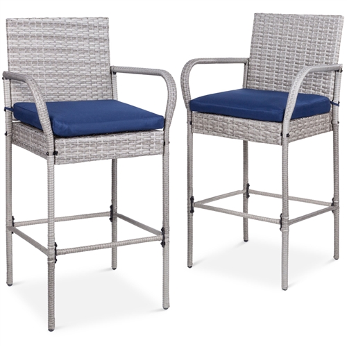 Set of 2 Grey Indoor/Outdoor Wicker Bar Stools w/ 2 Blue Cushions