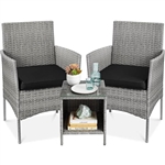 3-Piece Grey PE Wicker Outdoor Patio Furniture Dining Set with Black Cushions
