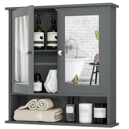 Grey Wood Bathroom Wall / Medicine Cabinet with Mirrored Doors and Shelf