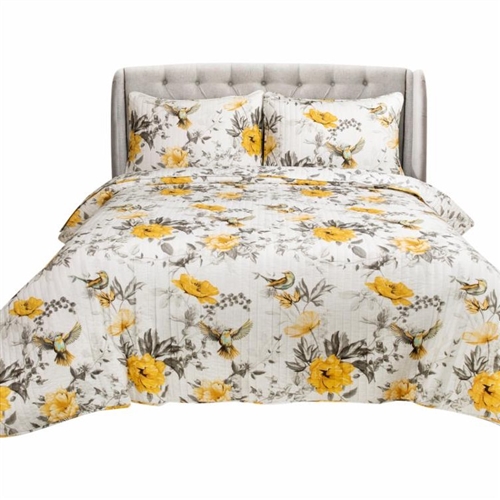 3 Piece Grey Yellow Reversible Floral Birds Cotton Quilt Set in Full/Queen Size
