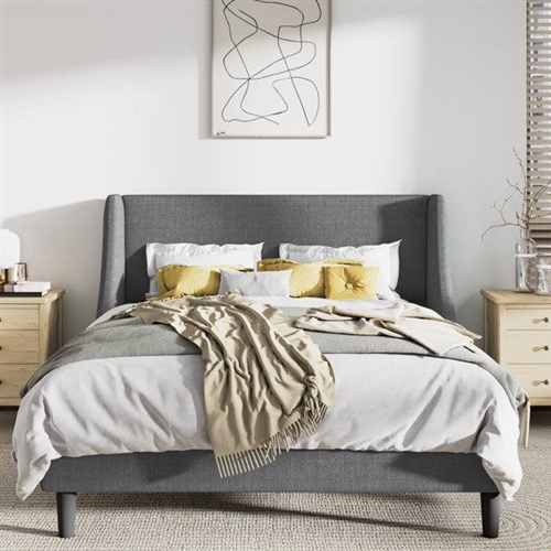 Full Size Upholstered Linen Headboard Wingback Platform Bed in Grey