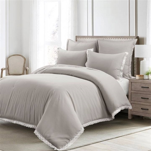 Full/Queen French Country Grey 5-Piece Lightweight Comforter Set w/ Lace Trim