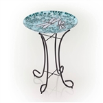 Teal Green Blue White Mosaic Glass Birdbath Bowl with Black Metal Stand