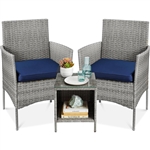 3-Piece Grey PE Wicker Outdoor Patio Furniture Dining Set w/ Navy Blue Cushions