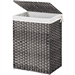 Grey Rattan Plastic Laundry Hamper Basket w/ Lid and Removable Cotton Liner Bag