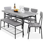 Modern 6-Piece Dining Set with Grey Wood Top Table 4 Chairs and Storage Bench