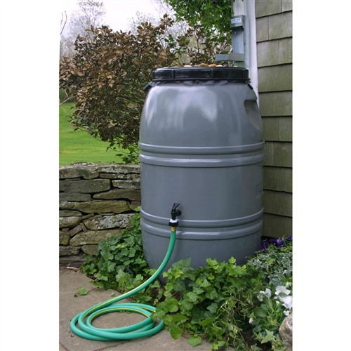 Grey 60-Gallon Rain Barrel with Lid in HDPE Food Grade Plastic Resin