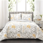 King Size Yellow Grey Floral Light/Thin Quilt Set