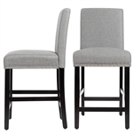 Set of 2 Modern Kitchen Dining Barstools w/ Black Wood Legs and Grey Linen Seat