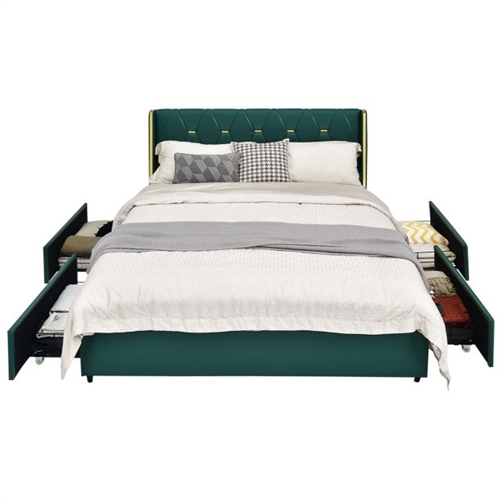 Queen Size Green/Gold Linen Headboard 4 Drawer Storage Platform Bed