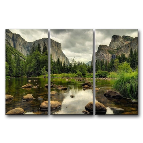 Yosemite Mountain Stream 3-Piece Wall Art Framed Print on Canvas