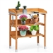 Solid Wood Outdoor Garden Bench Table with Bottom Storage Shelves and Metal Top