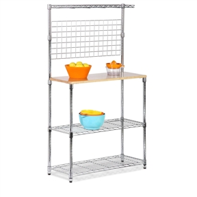 Metal Backers Rack with Storage Shelves and Solid Wood Cutting Board