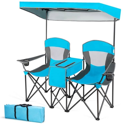 Blue 2 Seater Folding Camping Canopy Chairs Cup Holder Storage Pocket