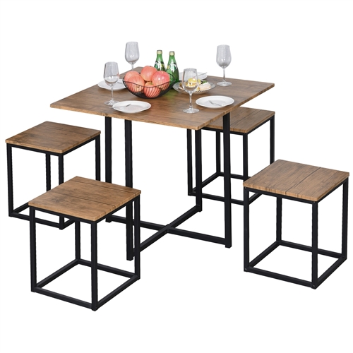 Farmhouse 5 Piece Square Walnut Wood Steel Kitchen Dining Set