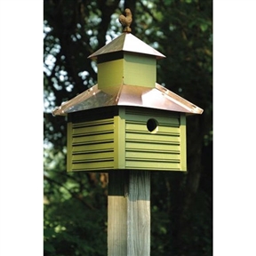 Pinion Green Birdhouse with White / Bright Copper Roof and Rooster Top