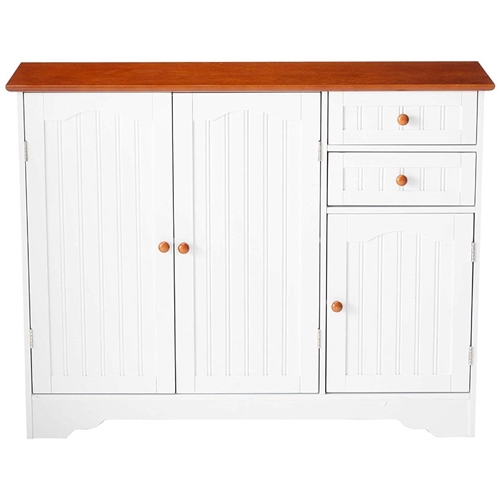 White Wood Sideboard Buffet Cabinet with Walnut Finish Top and Knobs