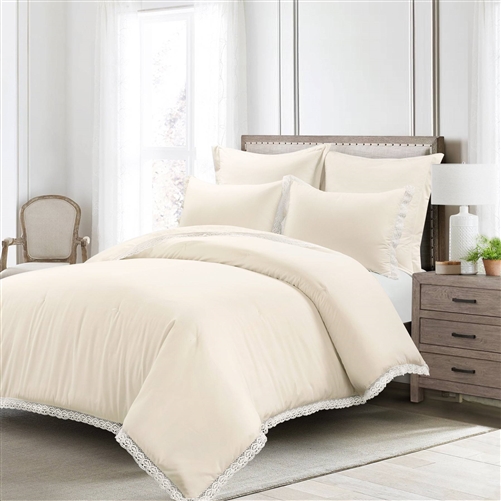 Full/Queen French Country Ivory 5-Piece Lightweight Comforter Set w/ Lace Trim