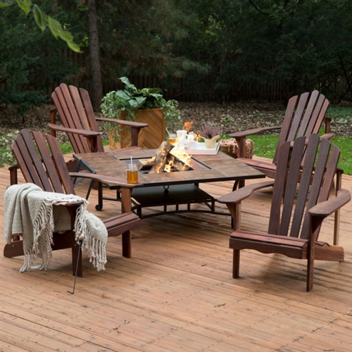 5 Piece Deluxe Adirondack Chair Natrual Wood Burning Fire Pit Chat Set