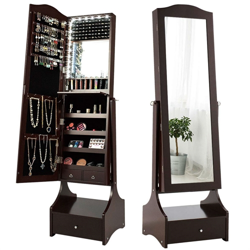 Jewelry Armoire Full Length Cheval Mirror with Tilt in Coffee Brown Wood Finish