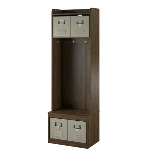 Walnut Locker Coat Rack Entryway Hall Tree with 4 Storage Cubes