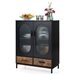 Modern Black Brown Metal Wood Sideboard Dining Buffet Cabinet with Glass Doors