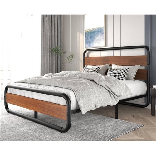 King Heavy Duty Modern Industrial Metal Wood Platform Bed Frame with Headboard