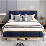 King Gold Metal Platform Bed Frame with Navy Blue Velvet Upholstered Headboard