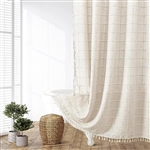 72-inch Farmhouse Beige Cotton Linen Blend Shower Curtain with Boho Tassels