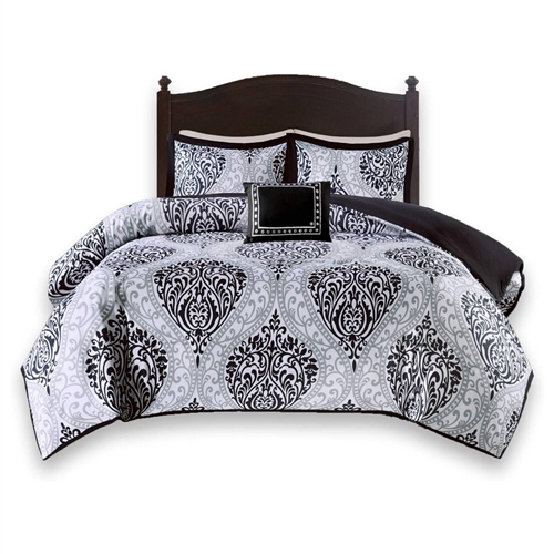 King/California King 4-Piece Black White Damask Comforter Set with Accent Pillow