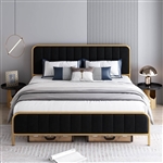 King Gold Metal Platform Bed Frame with Black Velvet Upholstered Headboard