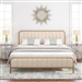 King size Gold Metal Platform Bed Frame with Off-White Upholstered Headboard