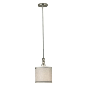 1-Light Mini Pendant in Brushed Steel with Fabric Drum Shade