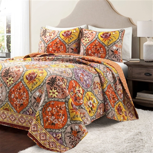 King Size Cotton Floral Lightweight Orange Blue 3 PCS Quilt Set